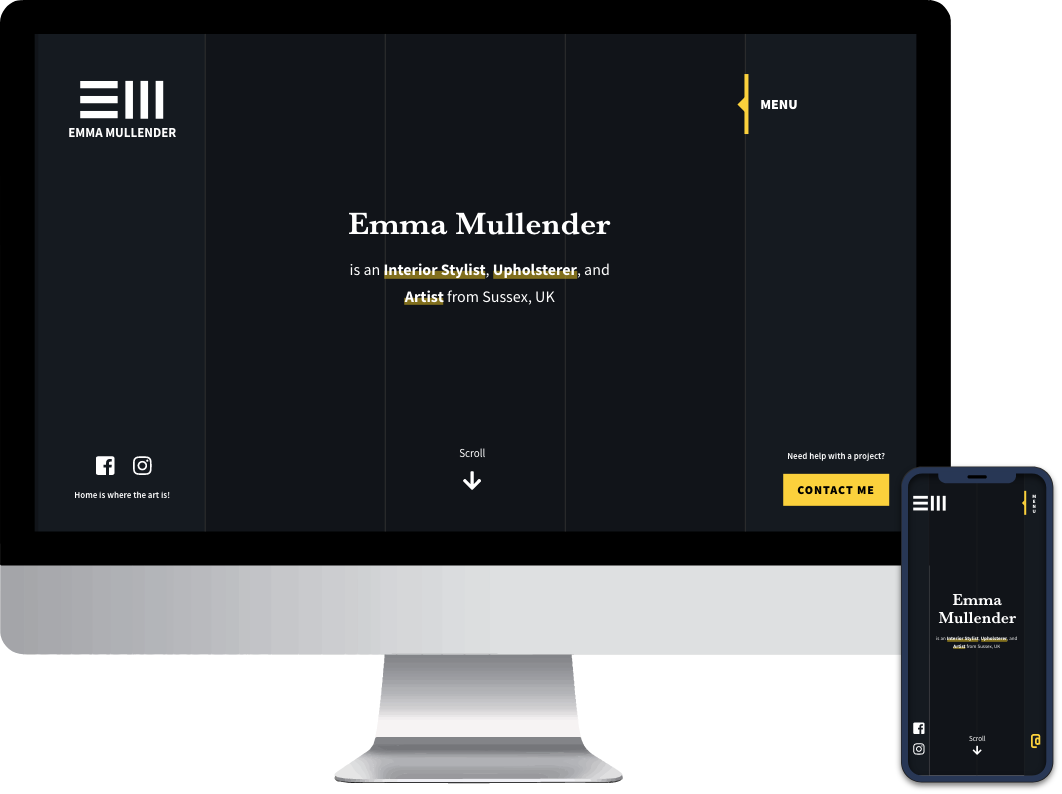 Emma Mullender website home page mock up on an Apple Mac.