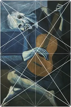 Picasso painting showing an old man sitting on the floor playing his guitar. This image is overlayed with dynamic symmetry lines showing that the canvas armature and corresponding areas of division could possibly have been used by Picasso to compose his painting.