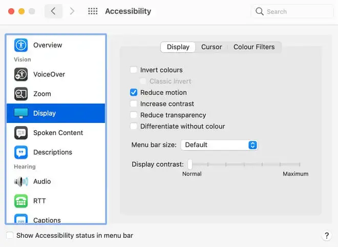 Screenshot of Mac OS accessibility display settings, illustrating the availability of reduced motion as well as increased contrast settings.