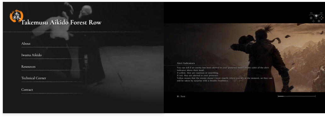Screenshots from TAFR website and Sekiro game where both show an opacity fade from the left.